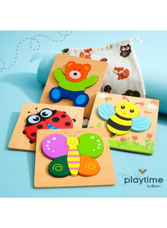 Wooden Puzzles for Toddlers – Set of 4 Animal Shapes (Ladybug, Bear, Bee, erfly) – Early STEM Learning Toy for Ages 1–3 Years - Image 2